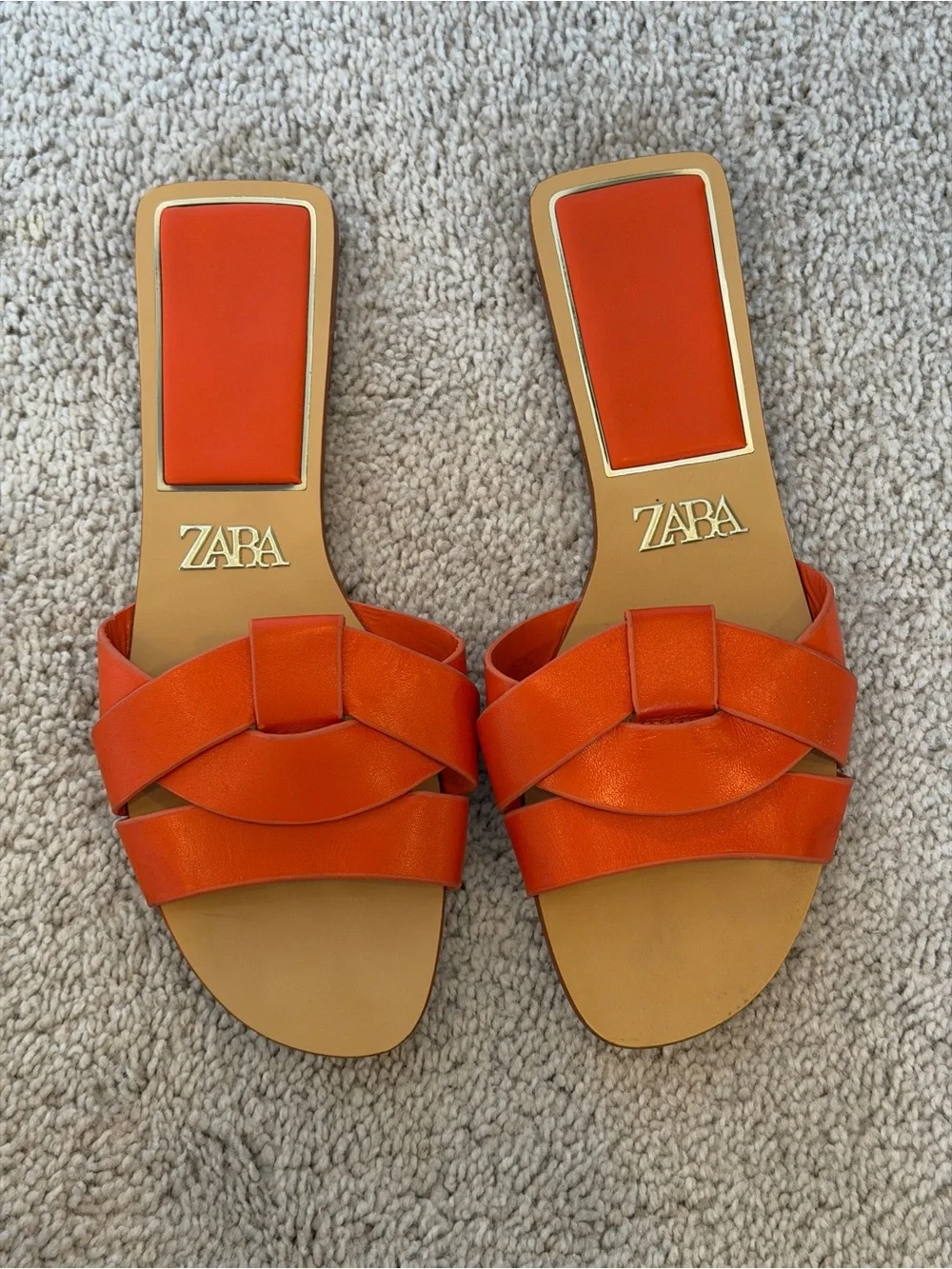 Zara SS22 Orange Crossed Leather Slides - Picture 3 of 4